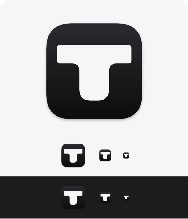 Tilora icon direction, A · The notch as a T: The top edge and the notch make a T, on a dark body.